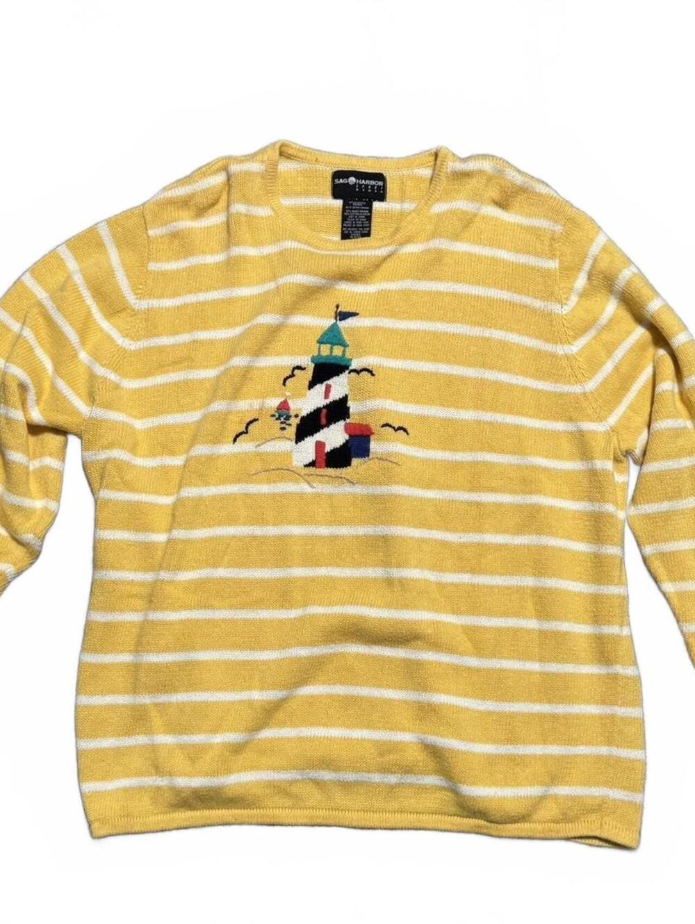 90s Sag Harbor Yellow Stripped Cotton Blend Knit Sailor Sweater Size 3X